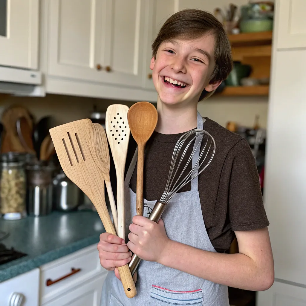 Smiling teenager with kitchen utensils