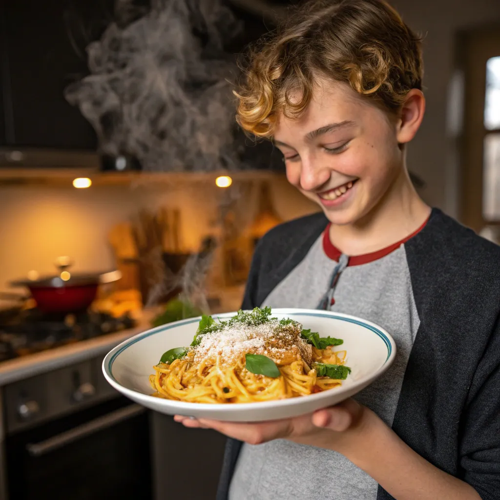 Teenager holding a plate of homemade pasta