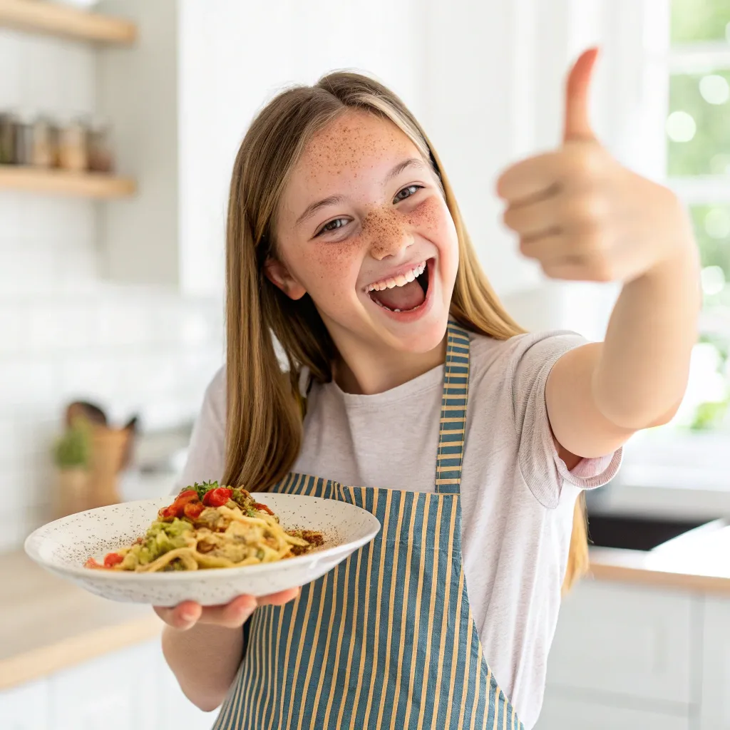 Joyful teen presenting a dish with a thumbs up