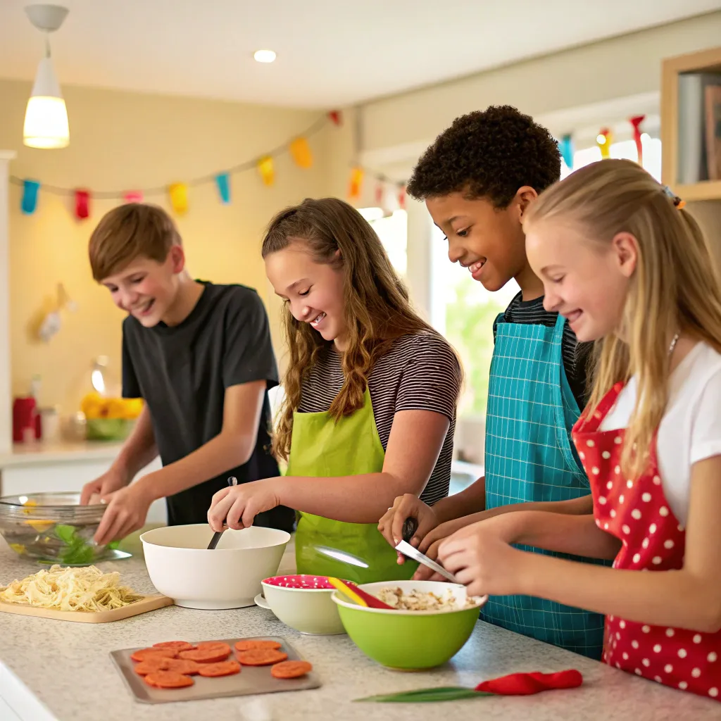 Teens cooking together in a cheerful kitchen